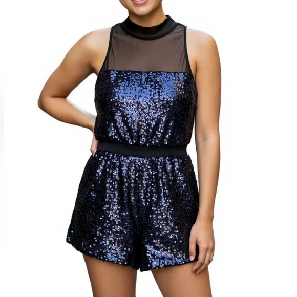 Asos Women's Blue Dressy Sequin Pull On Sleeveless Short Romper, 12 - Picture 10 of 10